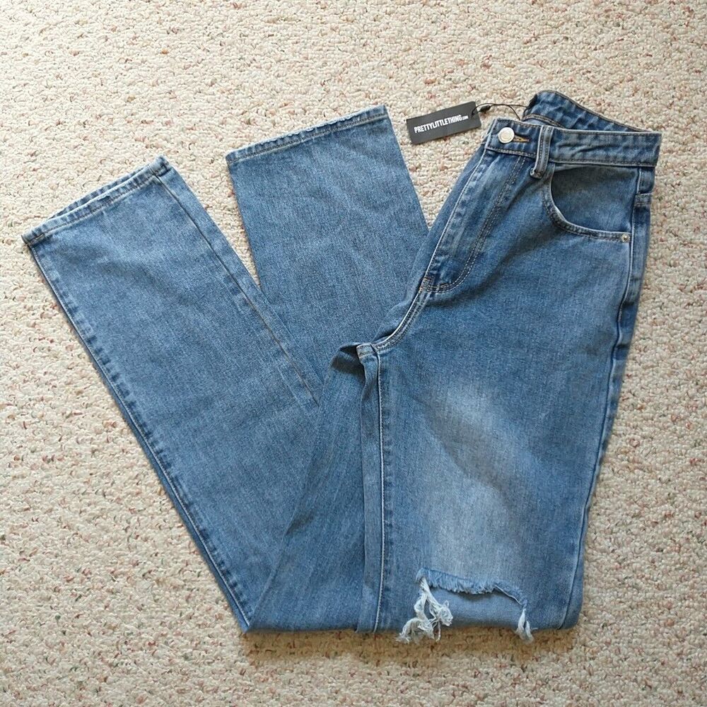 Pretty Little Thing Jeans Women 6 Tall Blue Open Knee Straight Leg New
